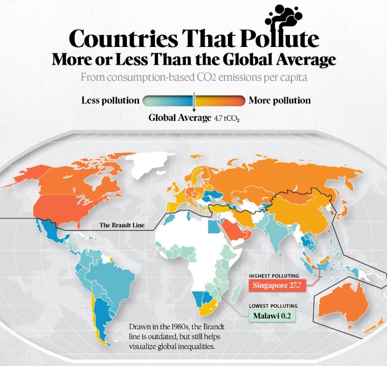 Shown here: A heat map showing the global average per capita CO2 emissions. The USA is one of the largest per capita CO2 emitters in the world, along with Singapore and Saudi Arabia